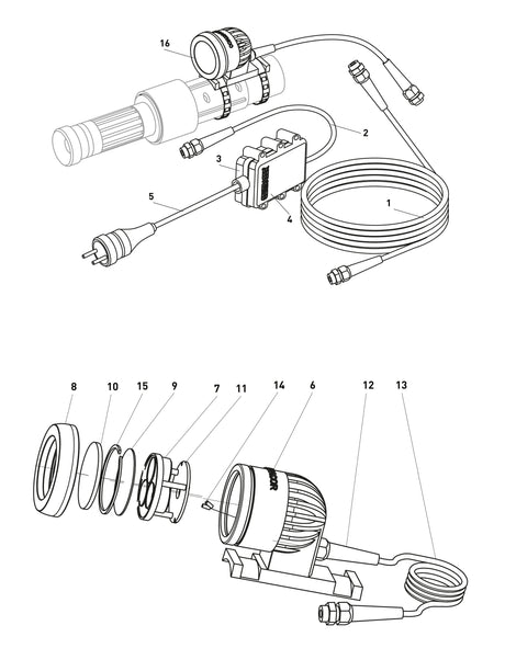 Schematische illustratie van de Contracor LED Straallamp ABL met genummerde onderdelen voor duidelijke identificatie.