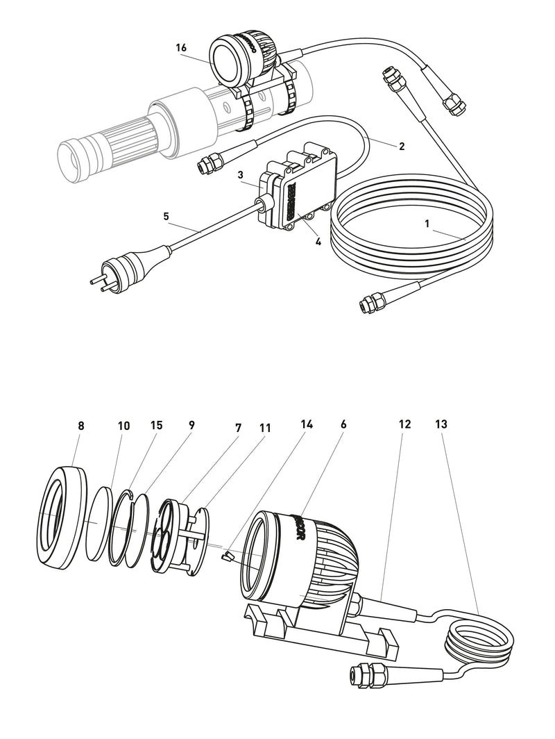Schematische illustratie van de Contracor LED Straallamp ABL met genummerde onderdelen voor duidelijke identificatie.