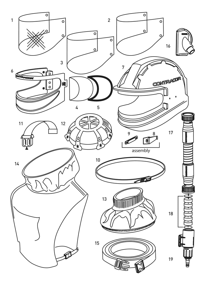Schematische illustratie van de Contracor Aspect Straalhelm met genummerde onderdelen voor duidelijke identificatie.