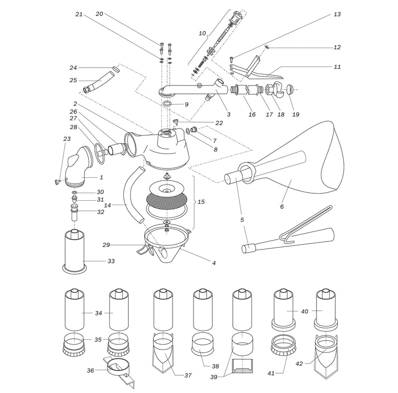 Schematic illustration of the Contracor Educt-O-Matic Blasting Tool with numbered parts for clear identification.