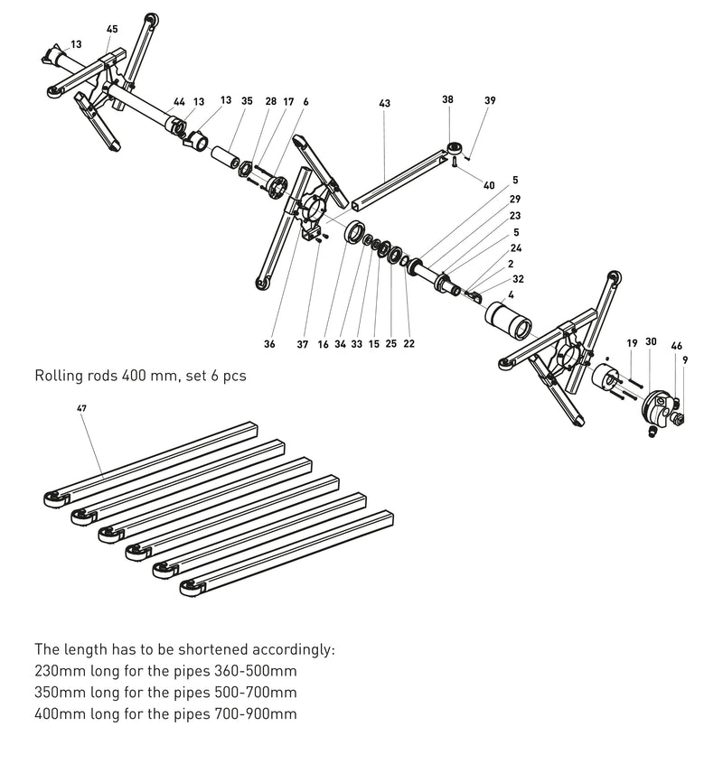 Schematische illustratie van de Contracor PBT-2 Interne Pijpenstraler met genummerde onderdelen voor duidelijke identificatie.