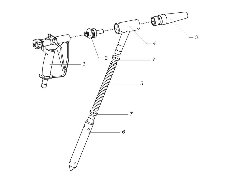 Schematische illustratie van de Contracor Power Gun met genummerde onderdelen voor duidelijke identificatie.